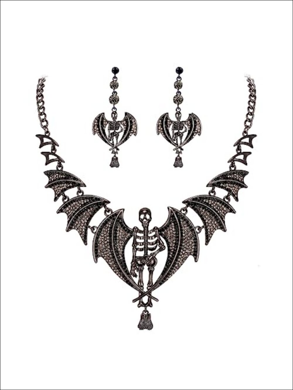 Austrian Crystal Gothic Skull Bat Necklace Earrings Set Halloween Jewelry